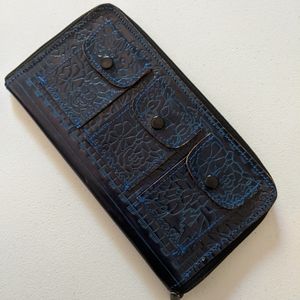 Embossed Navy Blue Leather Wallet